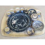 An early cobalt blue and one man Willow pattern plate plus other 19th Century blue and white china