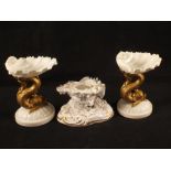 A pair of Grainger Worcester dolphin and shell dishes plus a Copeland Garrett shell decorated pen