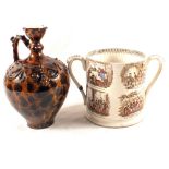 A large 19th Century J&R Godwin Mr Pickwick decorated tyg (cracked) and mottled treacle glazed jug