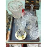 A milk glass oil lamp, other glass including decanters,