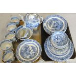 A 19th Century Miles Mason two man Willow pattern tea and dinner set (two trays)