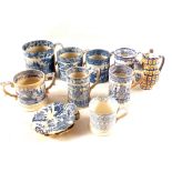 Various 19th Century blue and white mugs including Tiger Hunt,