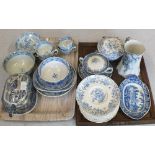 Various 19th Century blue and white china (two trays)