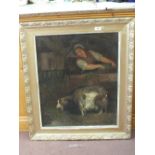 An oil on canvas of a shepherd in a barn with sheep, signed E.