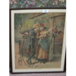 A Victorian coloured print of a couple with penny farthing bicycle,