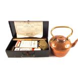 A Victorian Copper kettle plus a tin First Aid box and contents