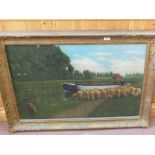 A Dutch scene oil on canvas of a canal scene with boats and sheep, inscription verso,