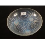 A French opalescent glass bowl moulded with three dahlias, marked Etling,