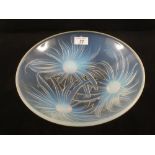 A French opalescent glass bowl moulded with three dahlias, marked Etling France,