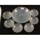 A French opalescent glass seven piece fruit set with diamond moulding,