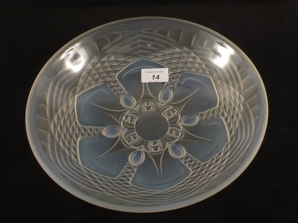 A French opalescent glass bowl with geometric moulded decoration, signed Julien France,