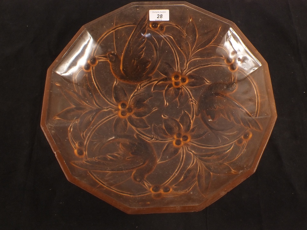 A French pink frosted twelve sided glass bowl with bird and cherry decoration,
