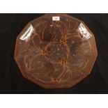 A French pink frosted twelve sided glass bowl with bird and cherry decoration,