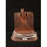A USA pink frosted glass lady table lamp, marked Danse de Lumiere, pat appld, by McKee,