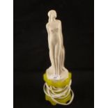 A USA Cadnium glass table lamp with a USA Belleek standing lady shade, figure marked 3369, c1925,