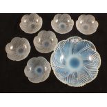 A rare French seven piece opalescent glass fruit set with leaf moulding, marked P'Davesn,