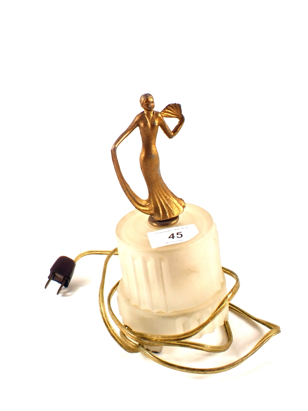 A French frosted glass table lamp with metal lady mount,
