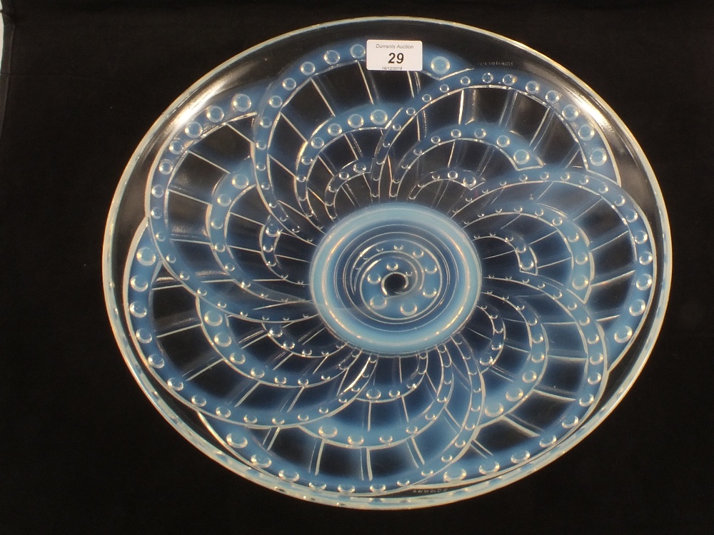 A French opalescent glass bowl with spiral moulding, marked J.