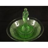 A German Uranium glass table centre piece with moulded rose decoration and lady figure, Reg No.