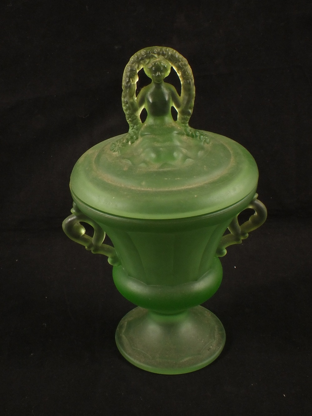 A USA frosted Uranium glass candy dish and cover, marked 340 by L.E.