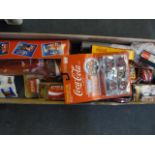 Box containing Coca Cola Themed Collectables including Cars - Yoyo's etc