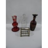 Two glass decanter, cranberry vase, display casket