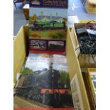 Box containing assorted Bachmann, Hornby and other railway catalogues, magazines etc