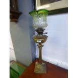 Brass Oil Lamp with Green Glass Shade