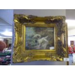 Oil Painting of 2 Pointer Dogs in Gilt Frame