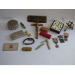 Tray containing Snuff Box, road safety medals police mans whistle money box crucifix etc