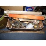 box of plated ware breweryware, golf clubs and coach lamps