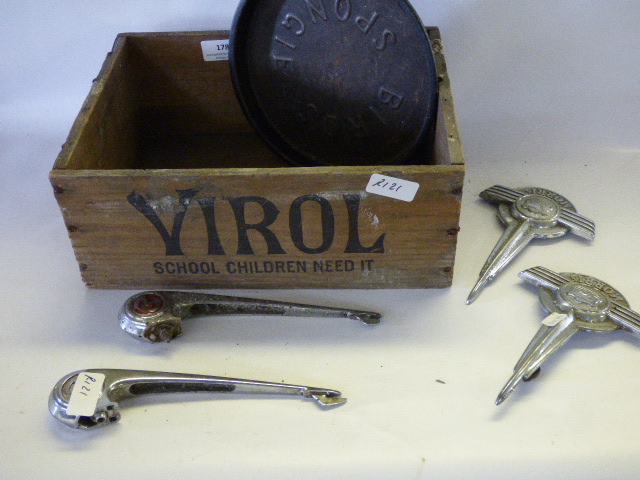 Virol wooden box containing Morris Bonnet badges