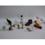 Collection of miniature ornaments, glass birds, shoes and cocktail sticks