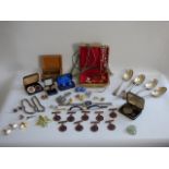 Mixed lot containing costume jewllery digital watch silver plate cutlery etc