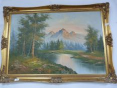 Gilt framed oil on canvass of a mountain scene