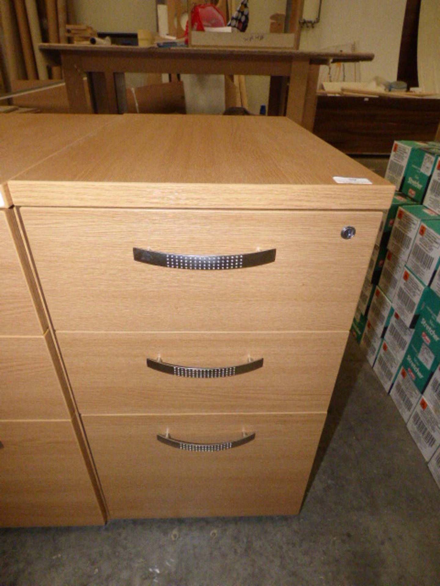 *Three drawer beech effect pedestal desk unit