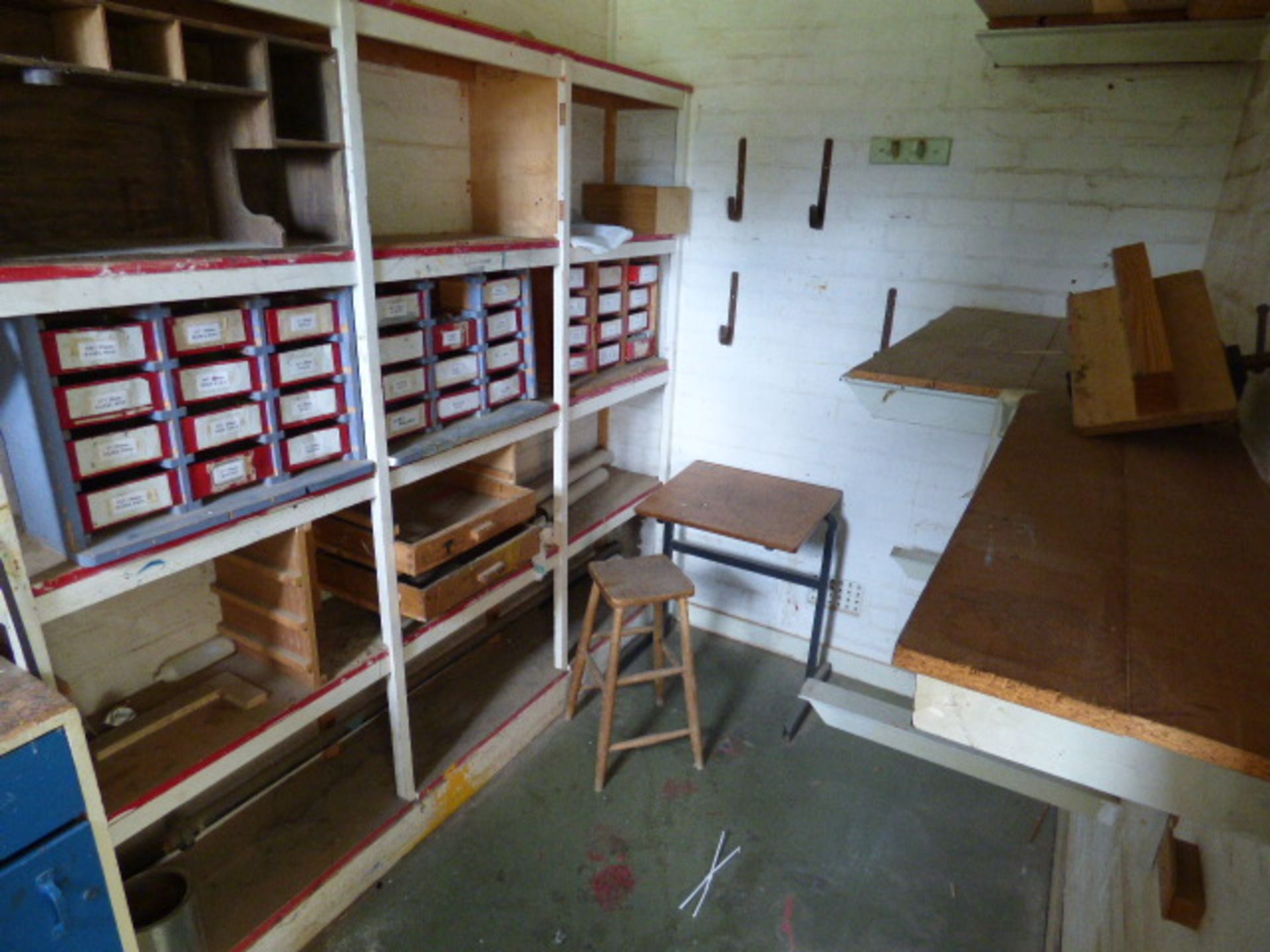 *Contents of the Joiners Storeroom Cupboard Which Includes; Various Panel Pins, Wood Stool, Vice,