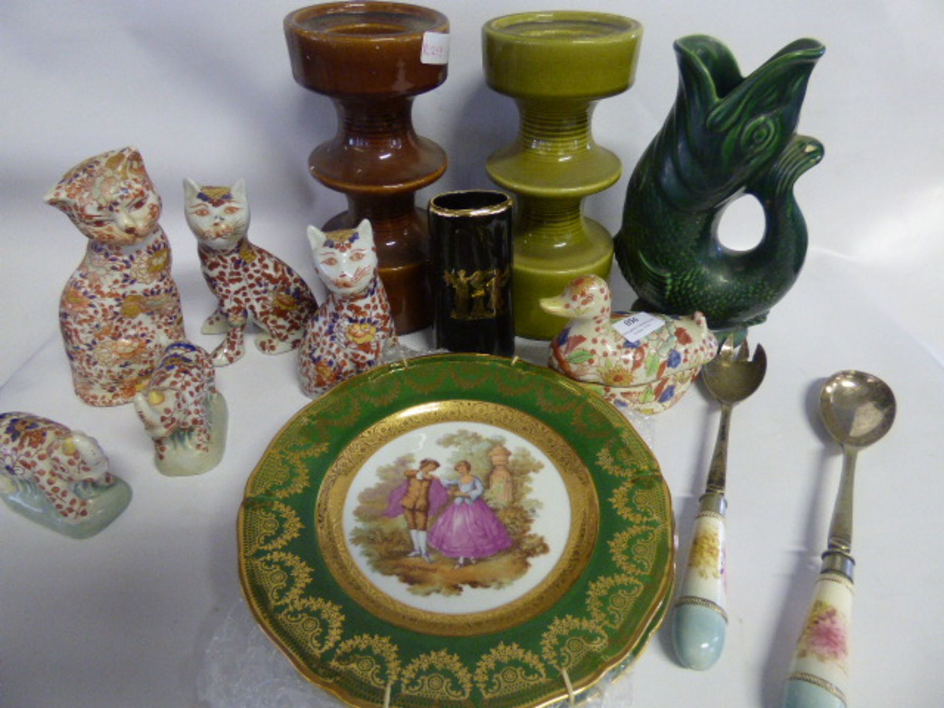 Pair of Ceramic Candlesticks, Reproduction Cats, Plates and Salad Servers
