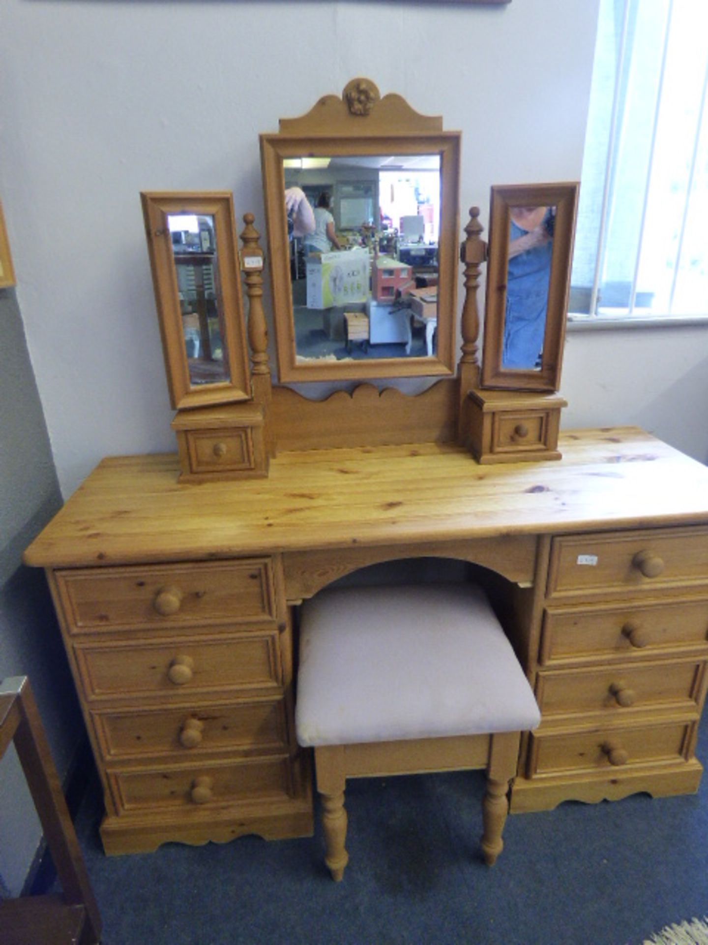Double Pedestal Mirror Backed Pine Dressing Table with Stool