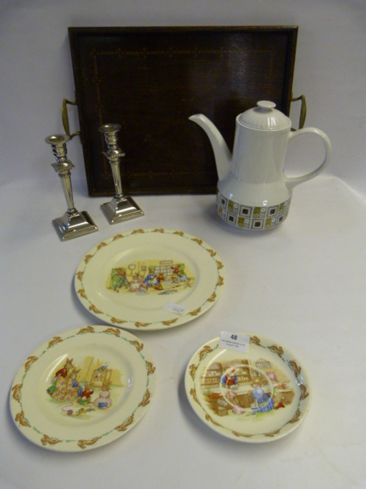 Royal Doulton Bunnykins, Mid Winter Teapots and a Pair of Silver Plate Candle Sticks