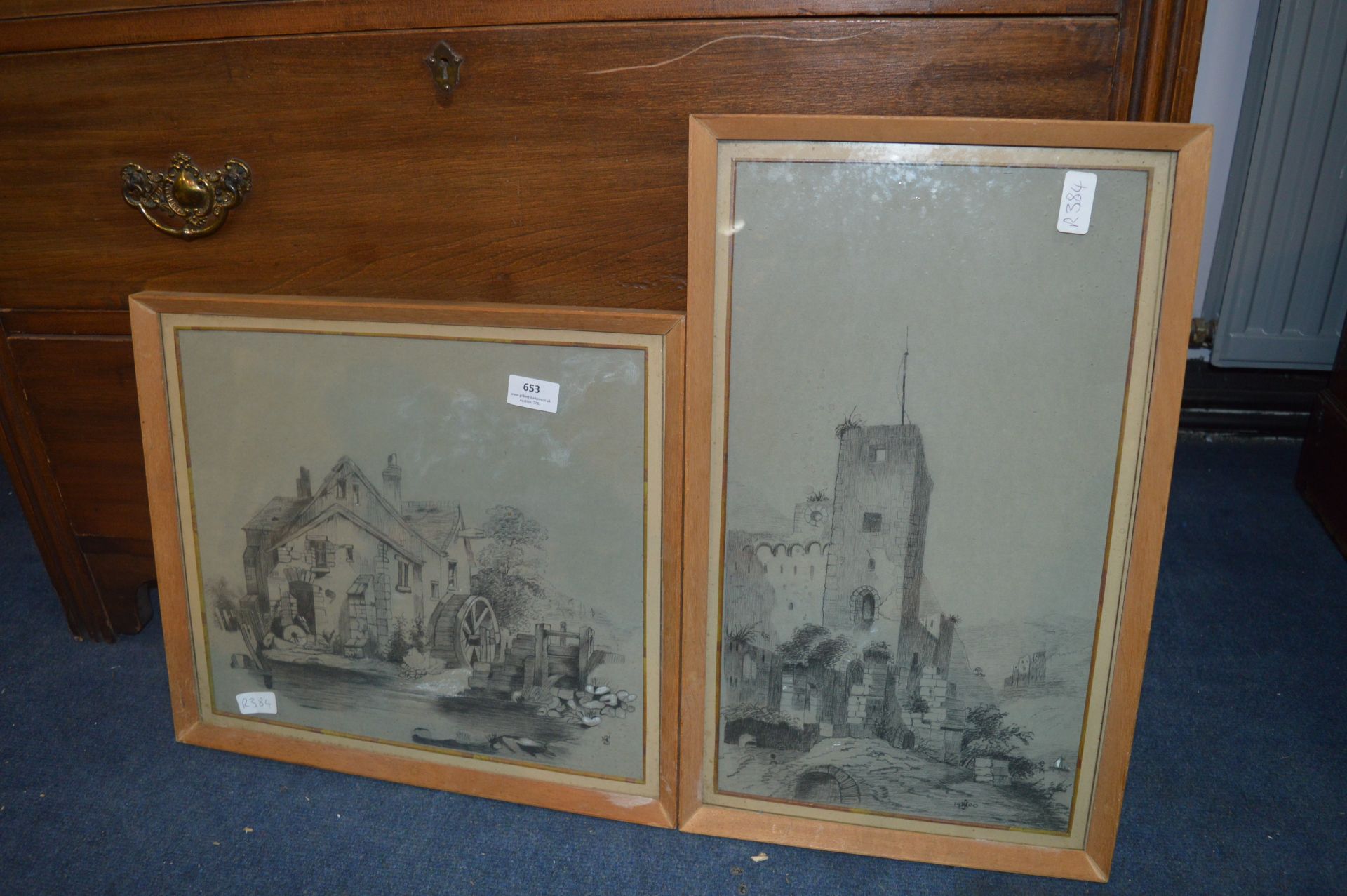 Two Pencil Drawings of a Mill and an Old Church