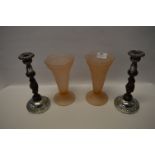 Pink Glass Vases and Barley Twist Candlesticks