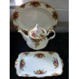 Royal Albert Country Roses Teapot, Meat Plate and a Dish