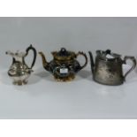 Two Silver Plated and One Pottery Teapots