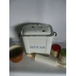 Enamel Breadbin, Pottery Rolling Pin and Tea/Coffee Cans