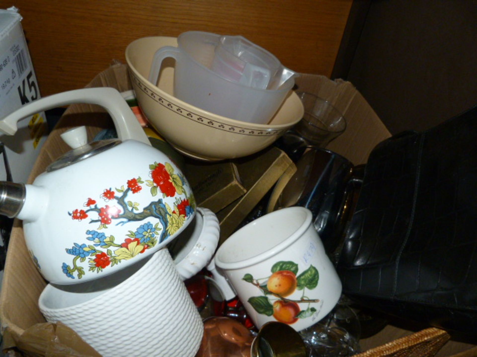 Large Box Containing; Pottery, Glassware, Kettle, Mixing Bowls, etc.