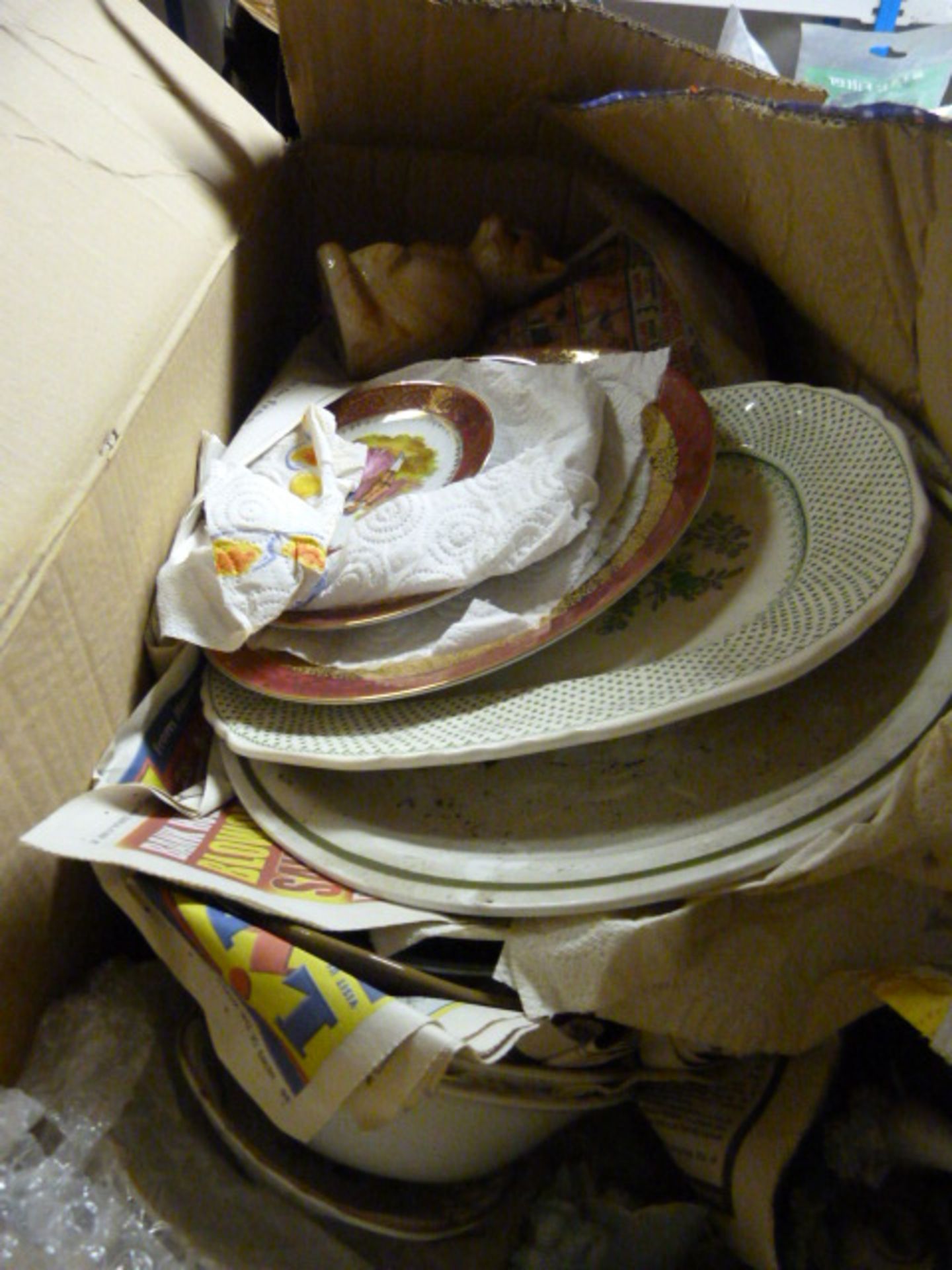Box Containing Plates, Pottery, Ornaments, etc.