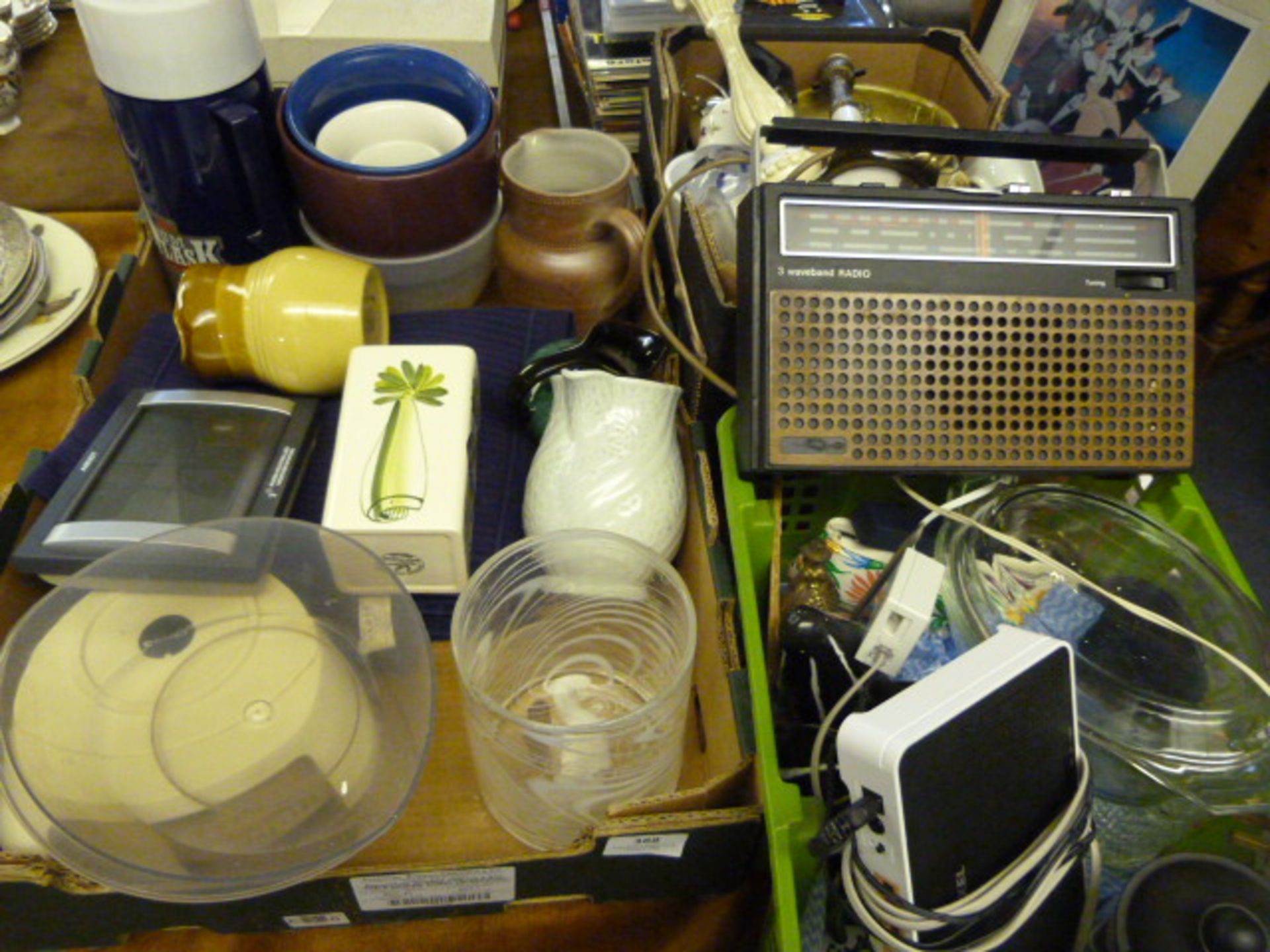Three Boxes Containing Glassware, Pottery, Table Lamps, Radio, etc.