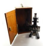 A Busch, Rathenow, microscope, post war, no 31627, oak cased.