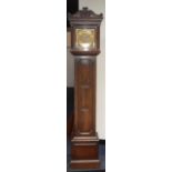 An oak longcase clock, early 20thC, the square brass dial with floral spandrels, chapter ring